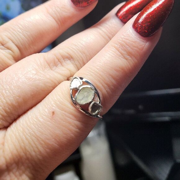 Natural Polki Diamond Sterling Silver Trilogy Ring - Picture 4 of 6